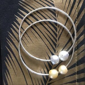 White Freshwater Pearl Fine Silver Bangle